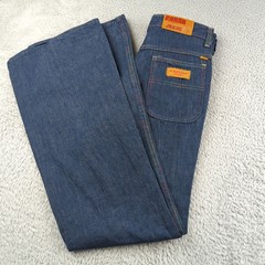 Vintage 1970s Farah Jeans Womens 31 XL Blue Flare Bell Bottoms Rainbow Stitch