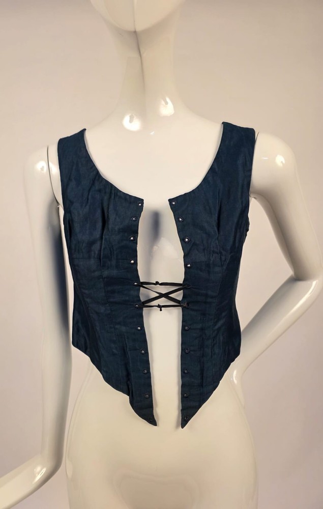 VICTORIAN 19TH C BLUE FITTED BODICE TOP W CORSET LACING FRONT + REAR