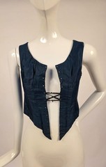 VICTORIAN 19TH C BLUE FITTED BODICE TOP W CORSET LACING FRONT + REAR
