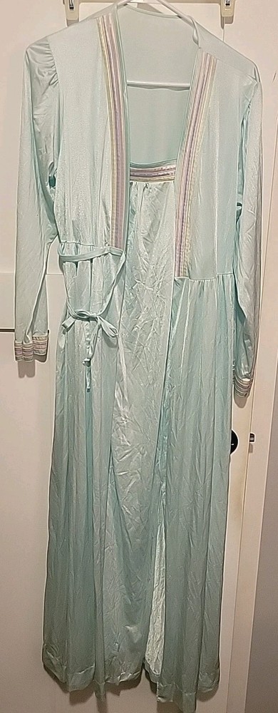 Vintage Spaghetti Strap Night Gown & Belted Robe Set Satin Pale Blue Pastel Trim
