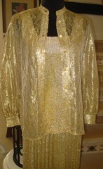 Vintage Teddi Ca 3pcs gold metallic lace accordion pleat blouse tank skirt set 8