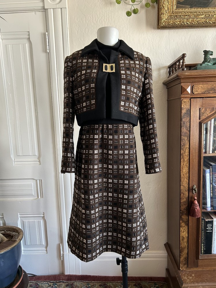 Vintage 1960s Mod Dress Set 2 Piece Jacket & Midi Dress Knit Preppy Mock Neck S