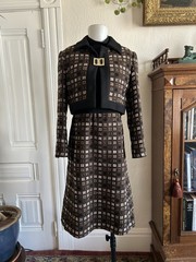 Vintage 1960s Mod Dress Set 2 Piece Jacket & Midi Dress Knit Preppy Mock Neck S