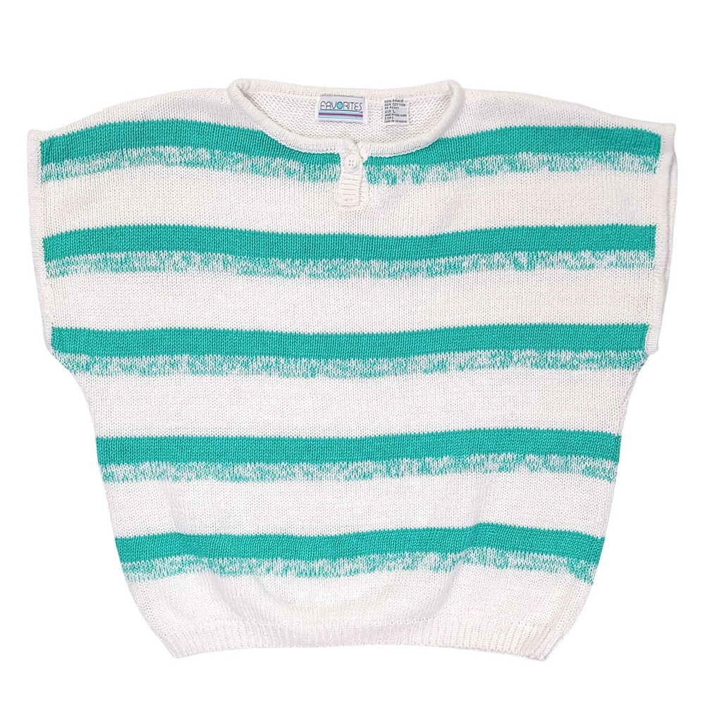 Vintage Favorites Teal White Striped Ramie Cotton Knit Henley Sweater Large