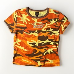 Vintage 90s Army Girl Jnco Baby Tee Shirt Top Orange Yellow Brown Camo USA Y2K