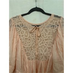 Peachy Pink Lace Yoke Silk Vintage Inspired Romantic Flutter Sleeve Dress