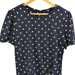 Vintage 80s 90s Polka Dot Dress 16 Navy Fit Flare Low Waist USA Retro Feminine