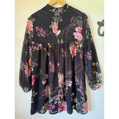 Lavender Brown Floral Sheer Babydoll Dress Women’s Small High Neck Double Lined