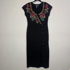 Carole Little Vintage Black Wool Blend Embroidered Beaded Knit Midi Dress Large