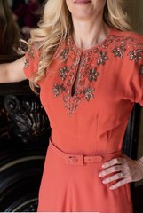 1940’s Coral Silk Crepe Silver Sequin Floral Cocktail Dress