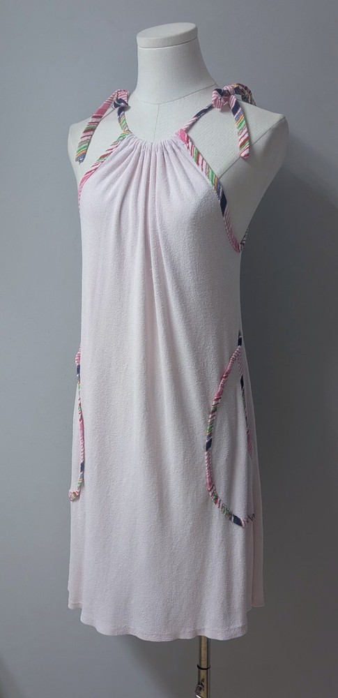 Vintage 70’s Pink Terrycloth Coverup Beach Dress Drawstring Stripe Tie Pockets S