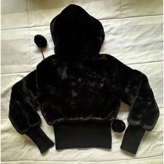 Y2K Bebe Faux Fur Womans M Crop Bommer Jacket Black Pom Poms Rhinestones RARE