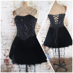 Vintage Black Velvet Tulle Full Skirt Mini Sequin Party Dress Lace Back Sz Med