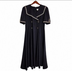Vintage Leslie Lucks Navy Sailor Dress Womens 16 Nautical Gold Button Midi USA