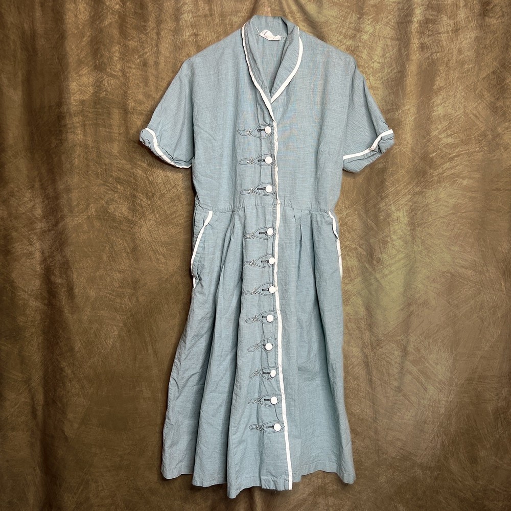 Vintage 60s Toni Todd Blue Shirt Waist Dress Blue Short Sleeve Midi Rhinestone