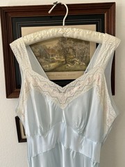 1930s Satin Blue Bias Cut with Pink Ribbon Work Slip Dress