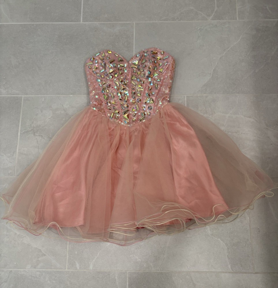 Vintage Y2K Masquerade Pink Beaded Iridescent Corset Tulle Mini Dress Size 3/4
