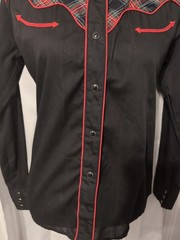 Vtg Ely Plains Women’s Black Pearl Snap Western Shirt Sz 13/14 Red Trim Plaid