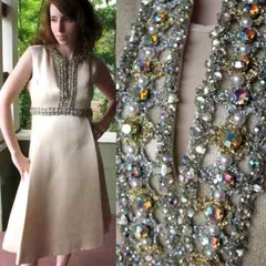 Ceil Chapman Dress VTG 60s Metallic Silk Aurora Borealis Prong Set Rhinestone L