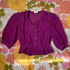 Vintage 1970s Byer California Retro Academia Purple Puff Sleeve Cropped Blouse