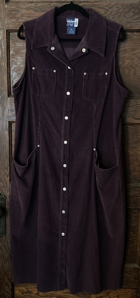 Vtg Venezia Plum Purple Snap Front Corduroy Midi Dress Jumper Sz 16 Modest
