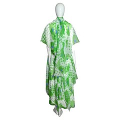 Vintage 1970s Green Chiffon Maxi Dress & Cape Set Polka Dot Floral Boho S XS
