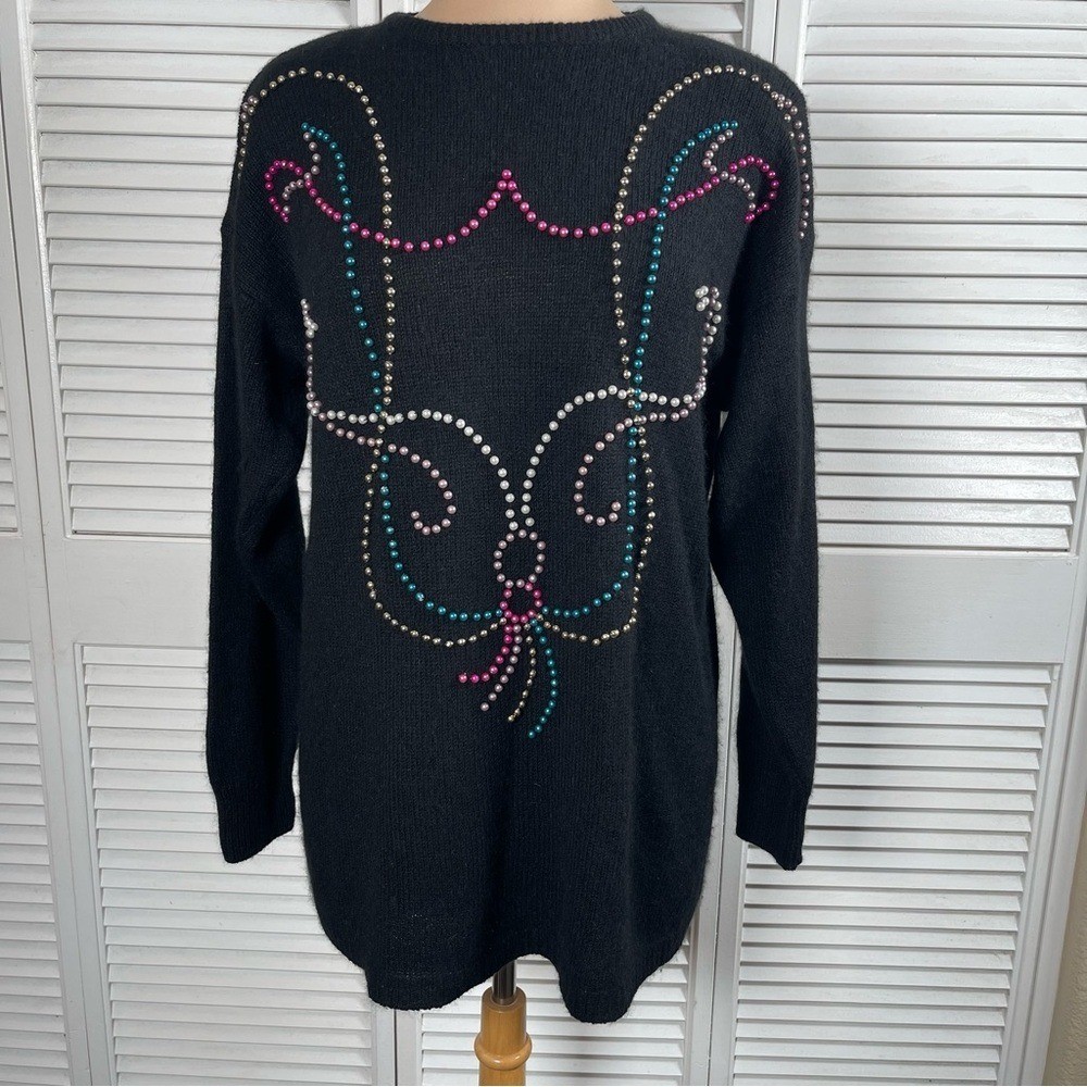 Vintage 80s Amanda Beaded Reindeer Sweater L Silk Angora Black Holiday