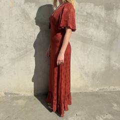 Vintage 1930s Red Deco Snakeskin Brocade Satin Rayon Dress Bonwit Teller Ruffle
