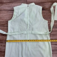 Vintage MISS SMITH Seersucker Dress Green White Stripe Belted Sleeveless 18 1/2