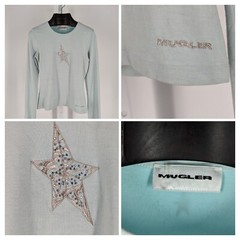 Theirry Mugler Vintage 90s Bodycon Stretch Star Embroidery Charm Logo Aqua Shirt