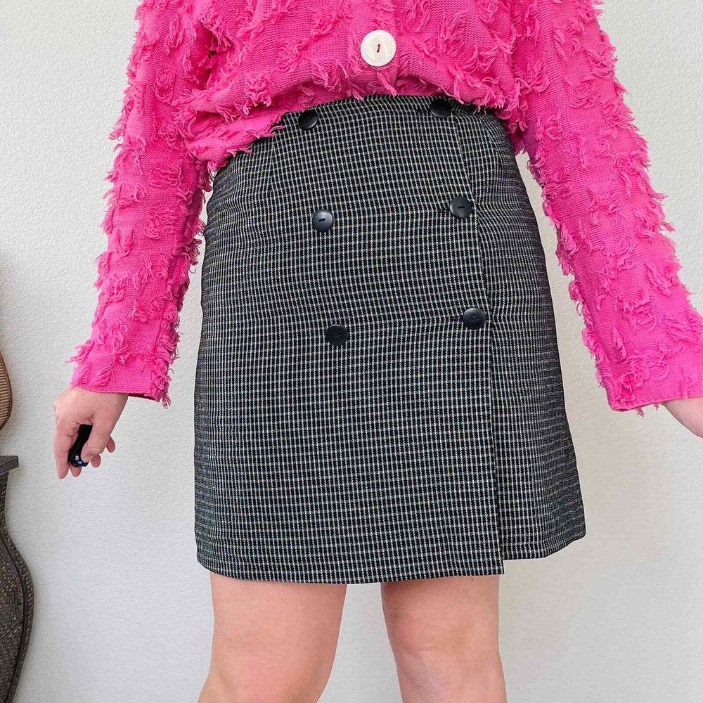 Vintage 90s Plaid Wrap A-line Mini Skirt Black White M.T. Studio Sz M/6