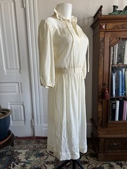 70s 80’s Gunne Sax Style Dress S/M Cream Gauzey Translucent Vintage 26 stretch