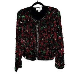 Vintage Laurence Kazar XL Red Sequin Poinsettia Silk Beaded Christmas Jacket