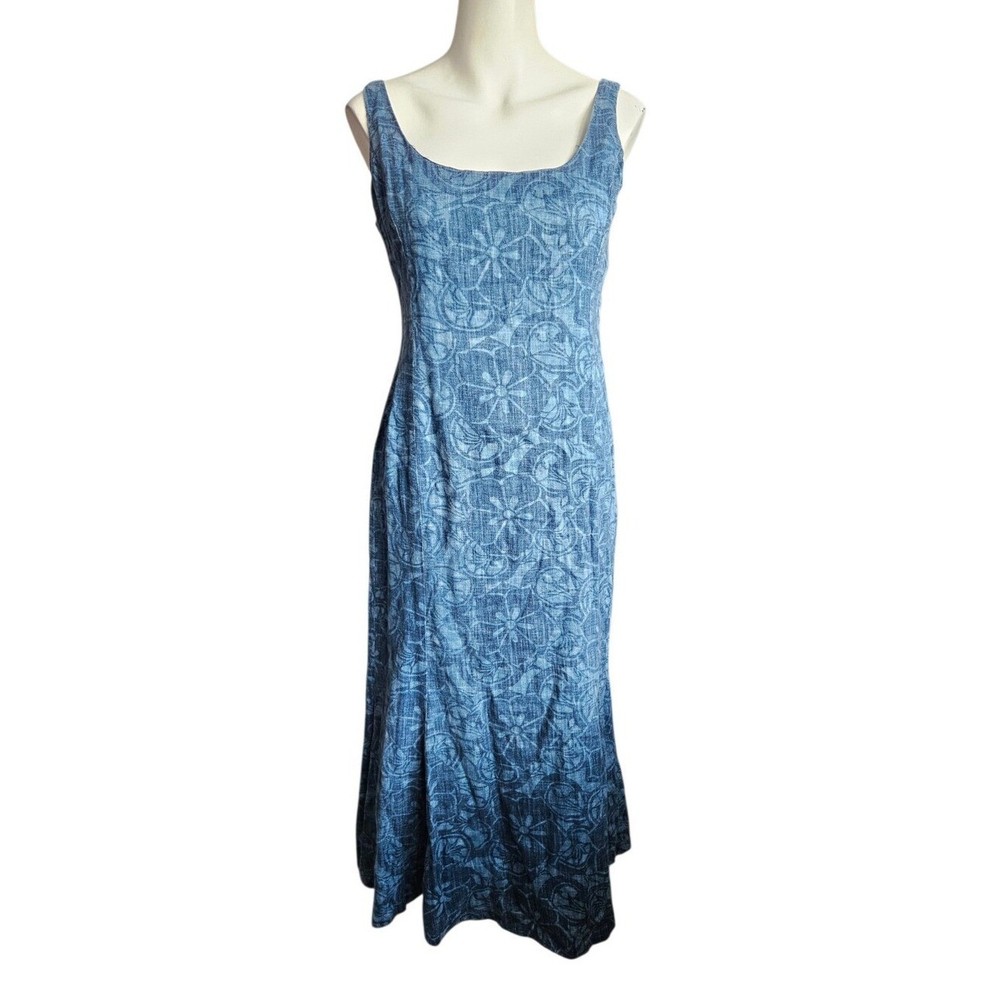 Lauren Ralph Lauren 4 100% Linen Midi Floral Sheath Dress Vintage Resort Blue