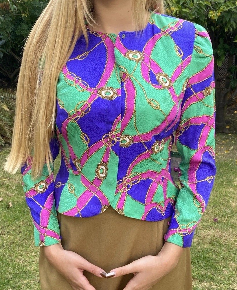 NWT Vtg 80s Papell Petites 100% Silk Jacket Nordstrom New Colorful Chain Print