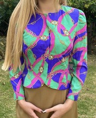 NWT Vtg 80s Papell Petites 100% Silk Jacket Nordstrom New Colorful Chain Print