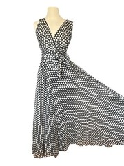 Vintage Lilli Diamond Maxi Dress Black White Polka Dot Classic Belted 26” Sz 6