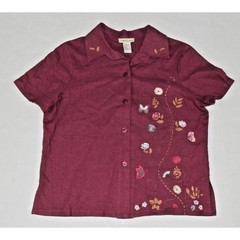 Vintage Dress Shirt Set Studio Ease Size 8 90s Wine Red Butterflies Linen Rayon