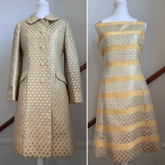 Vintage Coat Dress 2-piece Set Yellow Metallic Brocade Mod 1960s Matching 2pc