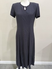 Vintage E.D. Michaels Midi A-Line Dress Size 4P Polka Dots Navy Blue Made In USA