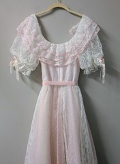 Vintage 60’s Pink Flocked Hearts White Lace Gown Dress Ruffles Southern Belle S