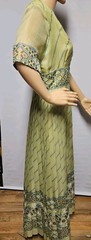 Vtg Alfred Shaheen Maxi Dress 70s Green Pleated Metallic Sheer Sleeve 12