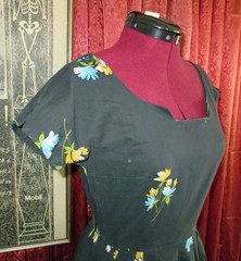 1950s Black Blue Yellow Floral Print Cotton Day Dress by Kay Windsor XS