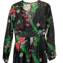 Vintage 1970s Sheer Dress Robe Size 5-6 Black Daisy Floral Hippie Boho