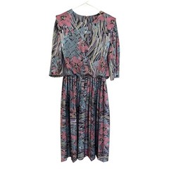 Vintage 80’s Floral Patterned Midi Dress With Shoulder Pads Pleated Skirt USA