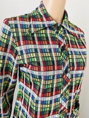 VTG 70s JC Penney Fashions Button Up Poly Tartan Plaid Shirt Top Wide Lapel M**