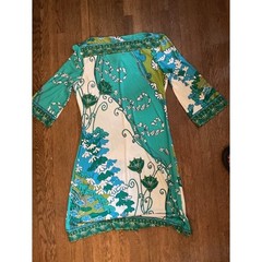 Donna Morgan Teal Floral Print Bell Sleeve Shift Dress Size 8 Retro Mod Style