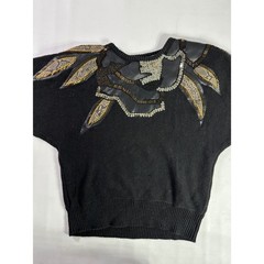 Donagain Vintage Sz L 80s Black Beaded Leather Applique Ramie Cotton Sweater