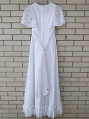 Vintage White Party Dress 29″ Bust Bridal Gown Lace Flounce Sleeves Pink Flowers