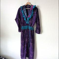 Vintage Diane Freis Purple Teal Georgette Ruffle Wrap Midi Dress 80s Housewife